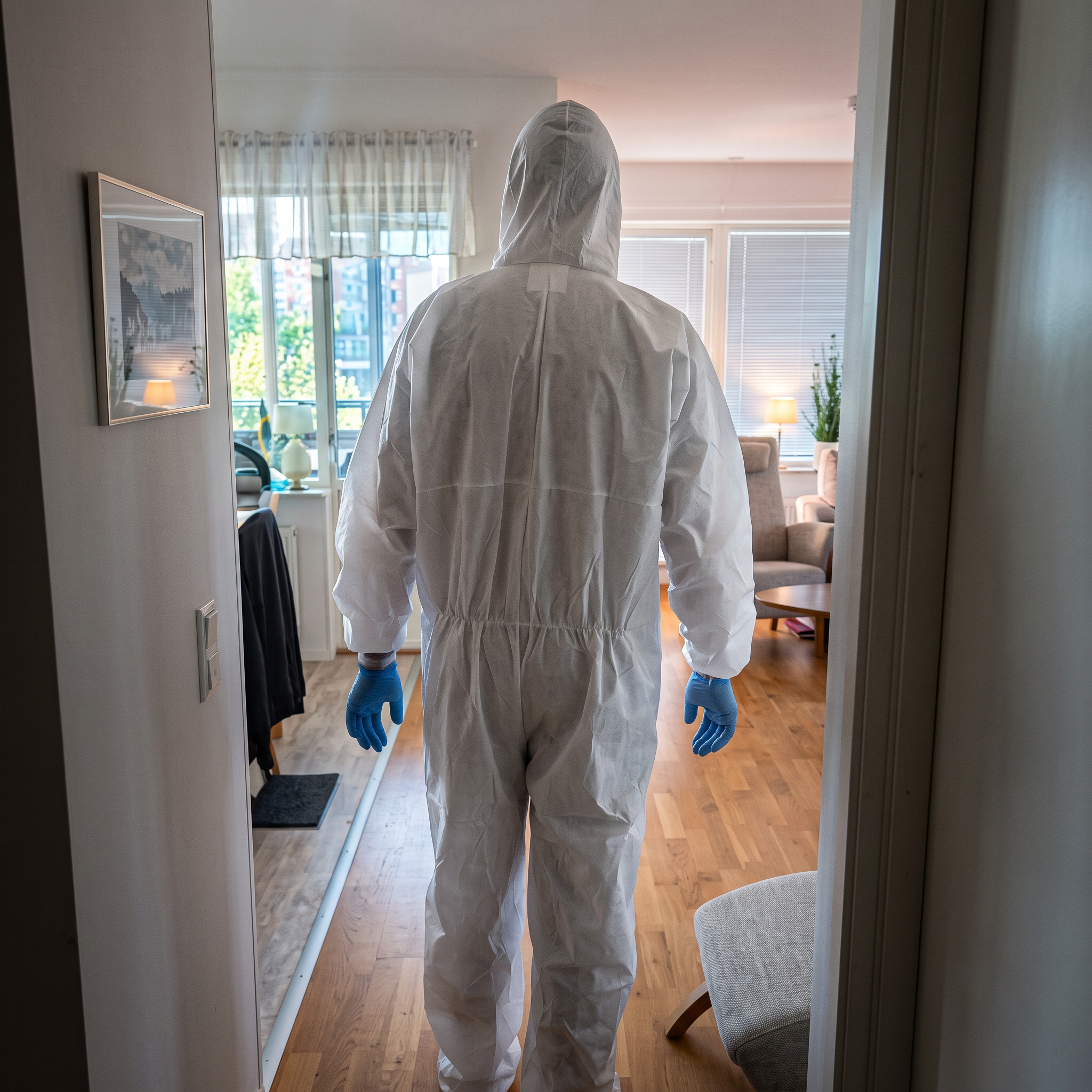 Saneringstekniker i vit skyddsdräkt och blå handskar går in i en bostad